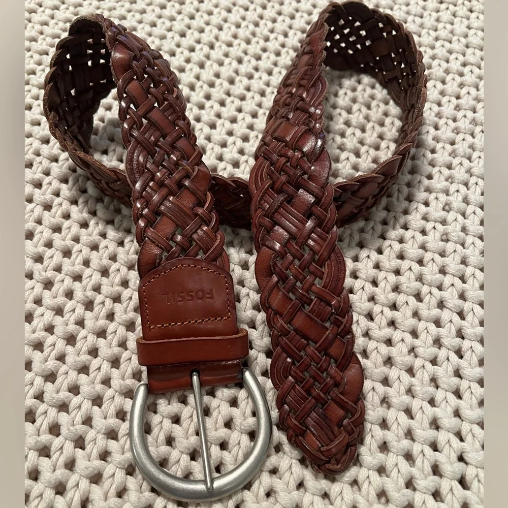 Braided Woven Brown Leather Fossil Belt Sz Sm